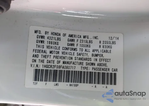 2015 Honda Accord Sport z USA, uszkodzony, nr VIN 1HGCR2F56FA080717